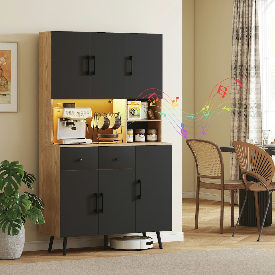 image 1 of HOMCOM Tall Kitchen Cupboard with LED Lights and Adjustable Shelves, Oak Black | Oak