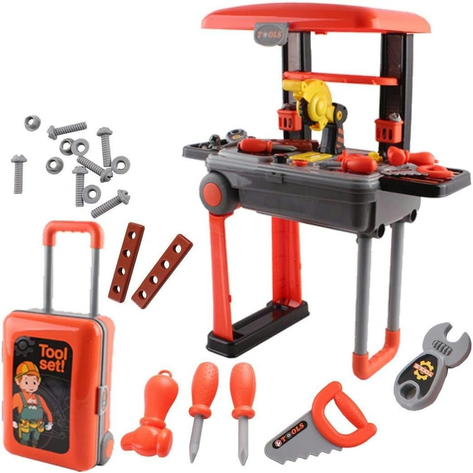image 1 of 2-in-1 Deluxe Portable Tool Work Bench Suitcase Play Set with Light & Sound – Kids Engineer Toy