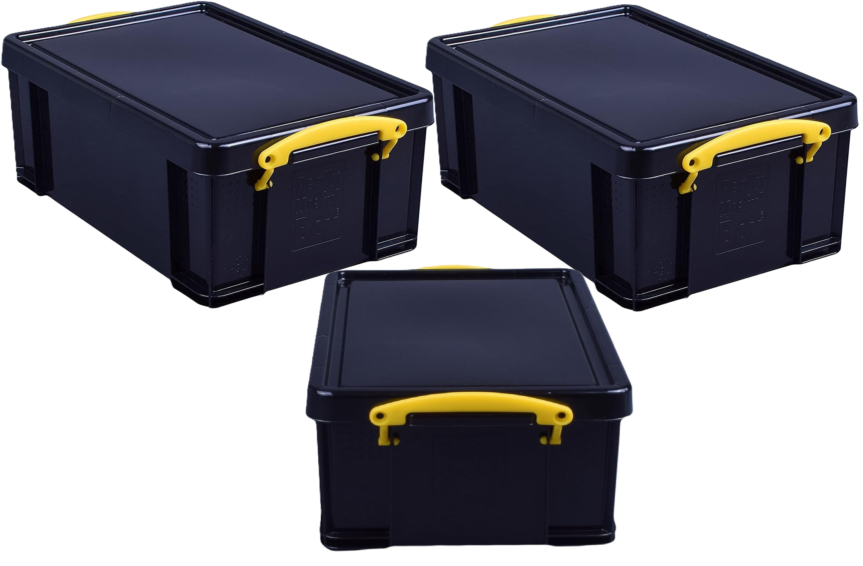 Really Useful Plastic Storage Box 9 Litre Black Yellow Handle Pack