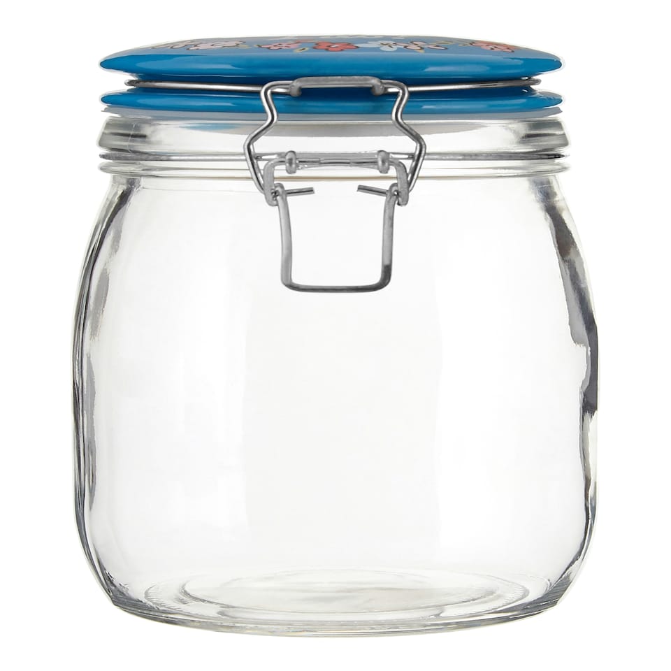 image 1 of Interiors By Premier Pretty Things Glass Jar 1000ml, Clear Glass Storage Jar with Blue Ceramic Clip Top Lid
