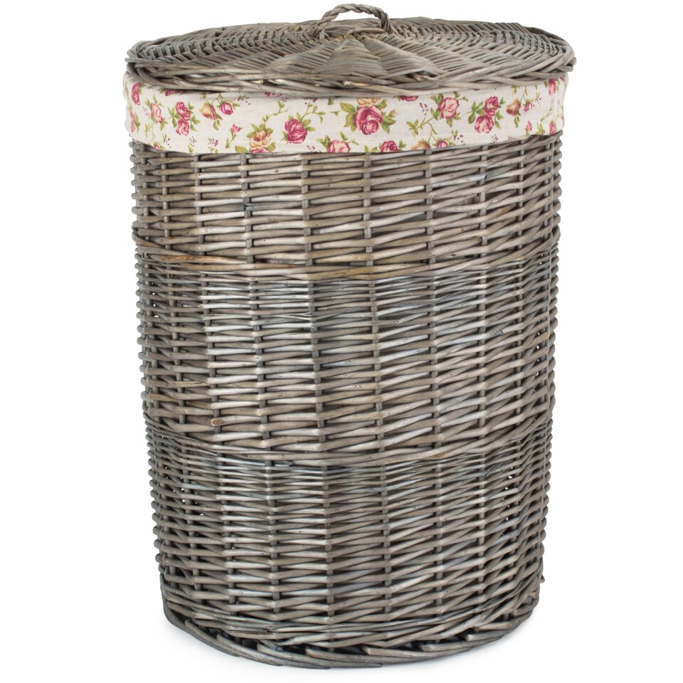 image 1 of Large Antique Wash Round Linen Basket With Garden Rose Lining | Multi | Garden Rose