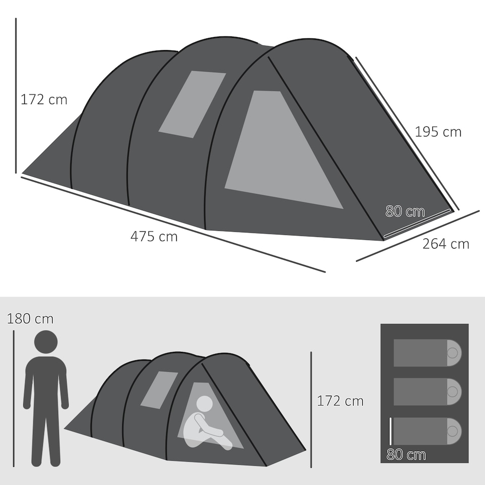 image 1 of Outsunny 3-4 Persons Tunnel Tent, Two Room Camping Tent w/ Windows, Black