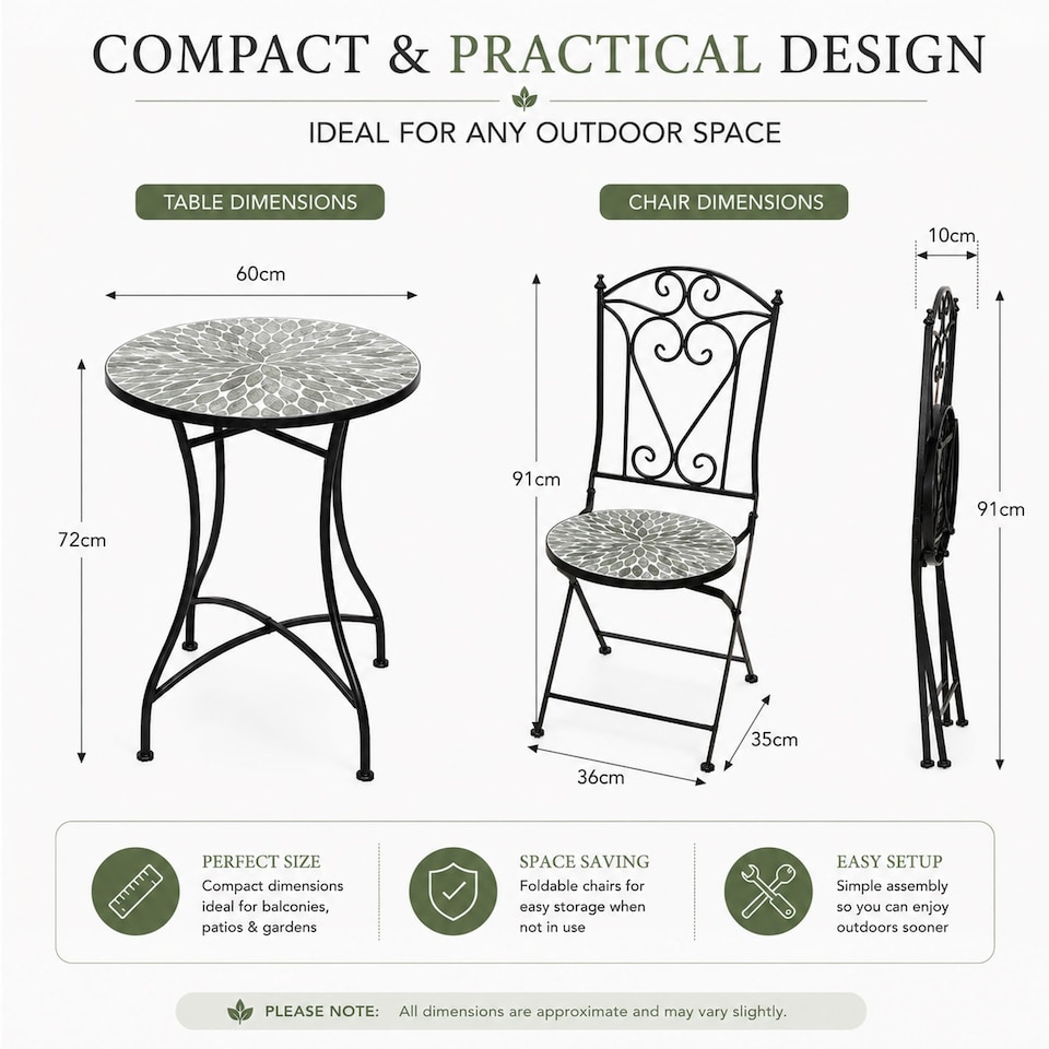 image 1 of Leaf Mosaic Bistro Set with Folding Chairs, Ceramic Top Outdoor Table and Two Seat Garden Furniture for Patio and Balcony