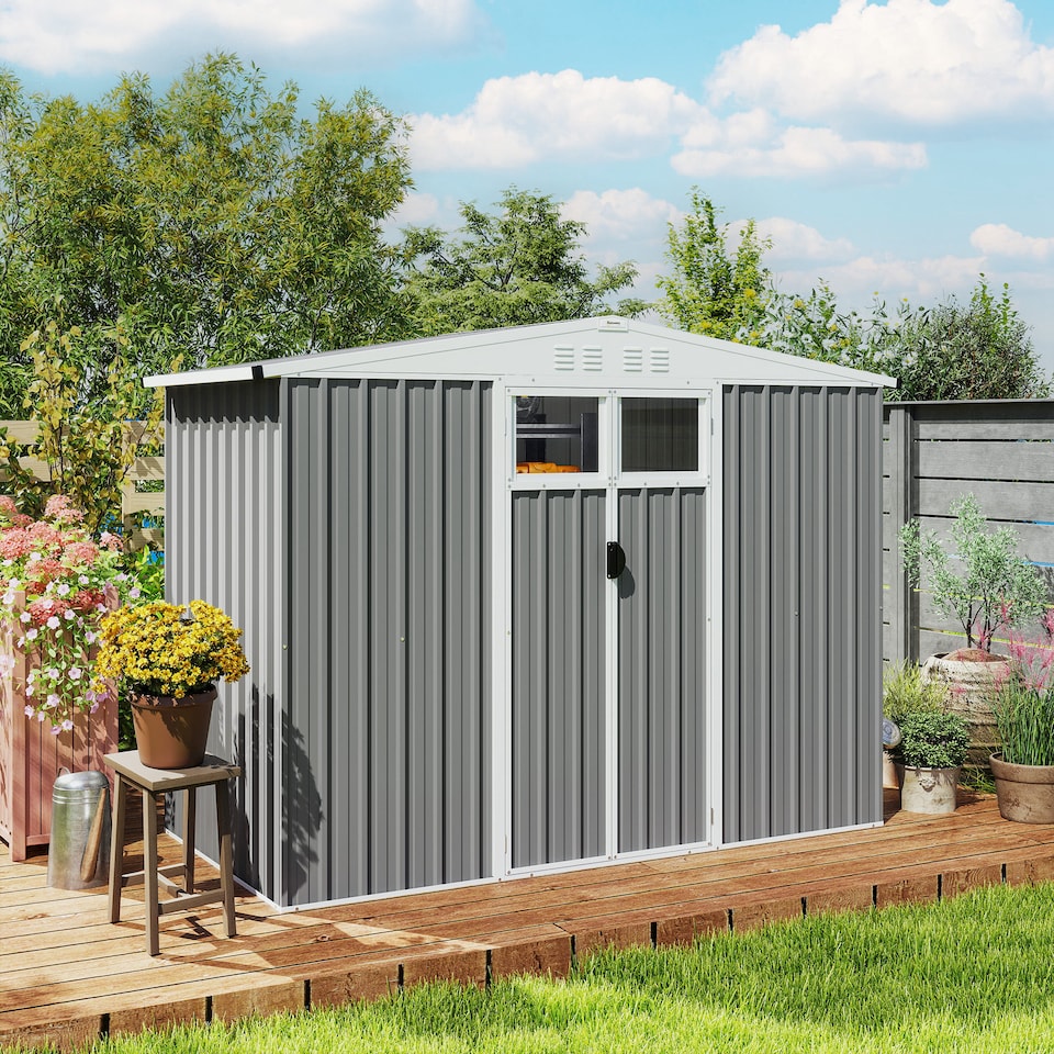 image 1 of Outsunny 8 x 4 ft Garden Storage Shed, Outdoor Metal Shed, Light Grey | Grey | Light Grey | 1