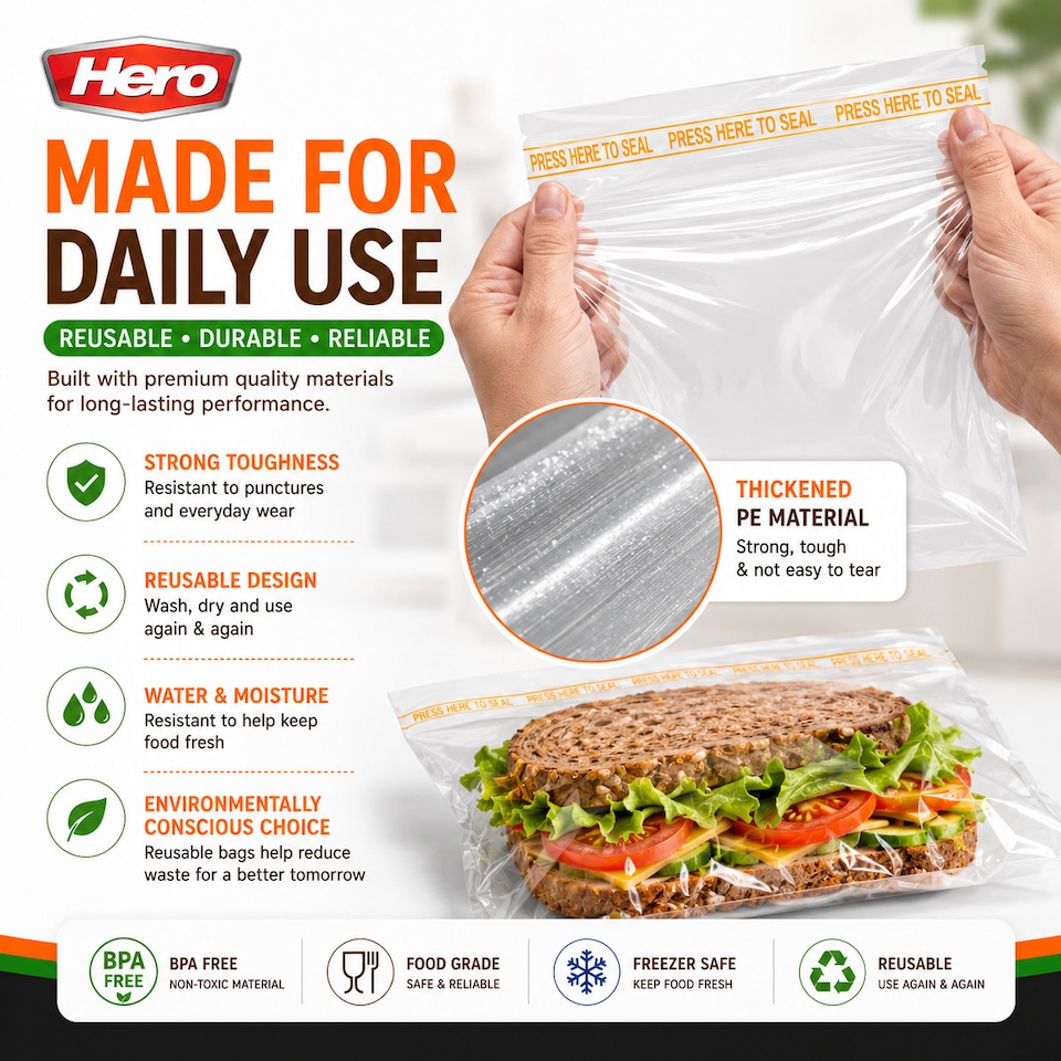 image 1 of Hero Reusable Press Seal Freezer Bags - Pack of 50 BPA Free Food Storage Bags for Sandwiches, Fruit, Meat, Vegetables & Freezer Storage