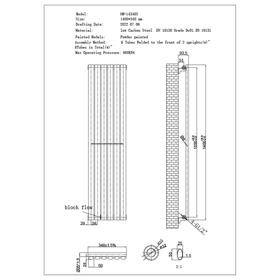 image 1 of Omeara Axis Horizontal Single Panel Bathroom Radiator - Black (H) 348mm x (W) 1400mm