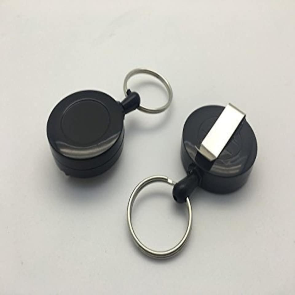 image 1 of Pack of 6 Black Round Key Reels - Retractable Recoil Ring Keyring Belt Clip