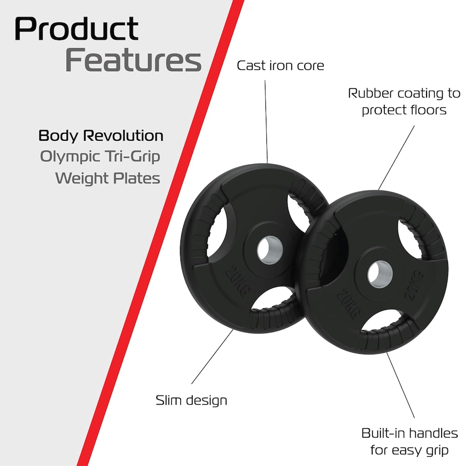 image 1 of Olympic Tri-Grip Rubber Weight Plates Black Pairs Sets 20 kg PAIR