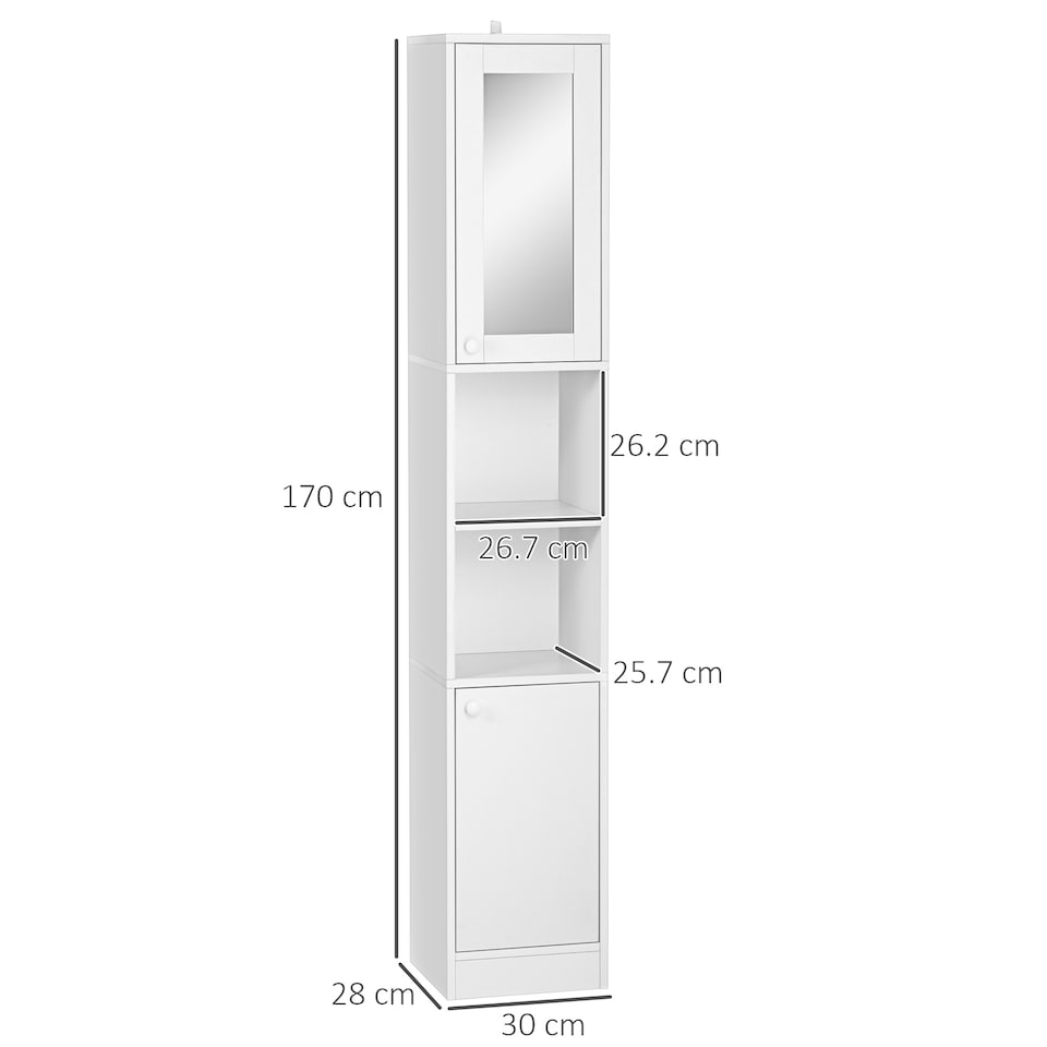 image 1 of kleankin Tall Bathroom Storage Cabinet with Mirror, Narrow Bathroom Unit, Freestanding Bathroom Cupboard with Adjustable Shelves and 2 Doors, White