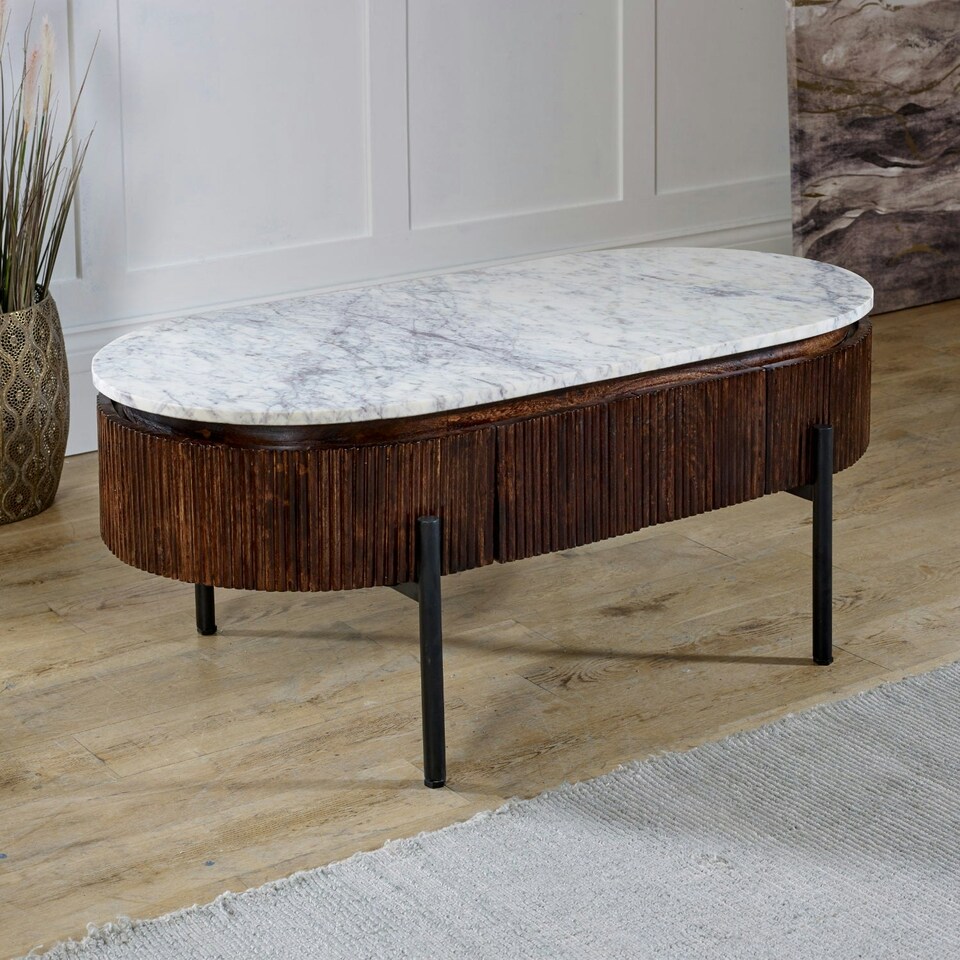 image 1 of Miel Mango Wood Rectangular Fluted Coffee Table With Marble Top and Metal Legs Brown