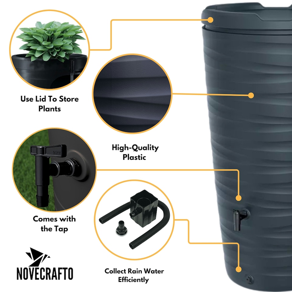 image 1 of Water Butt Kit with Tap, Diverter & Bio Cleaner –  Rainwater Collector for Garden, Balcony & Terrace – Durable Plastic Water Storage Tank Black | 240L