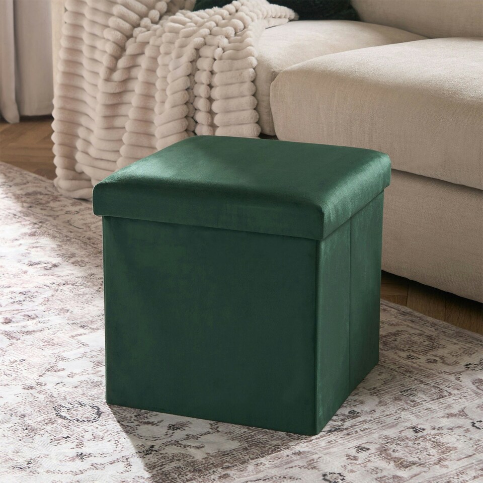 image 1 of OHS Matte Velvet Soft Foldable Cube Footstool Seat Storage Organiser Ottoman | Green | Forest Green