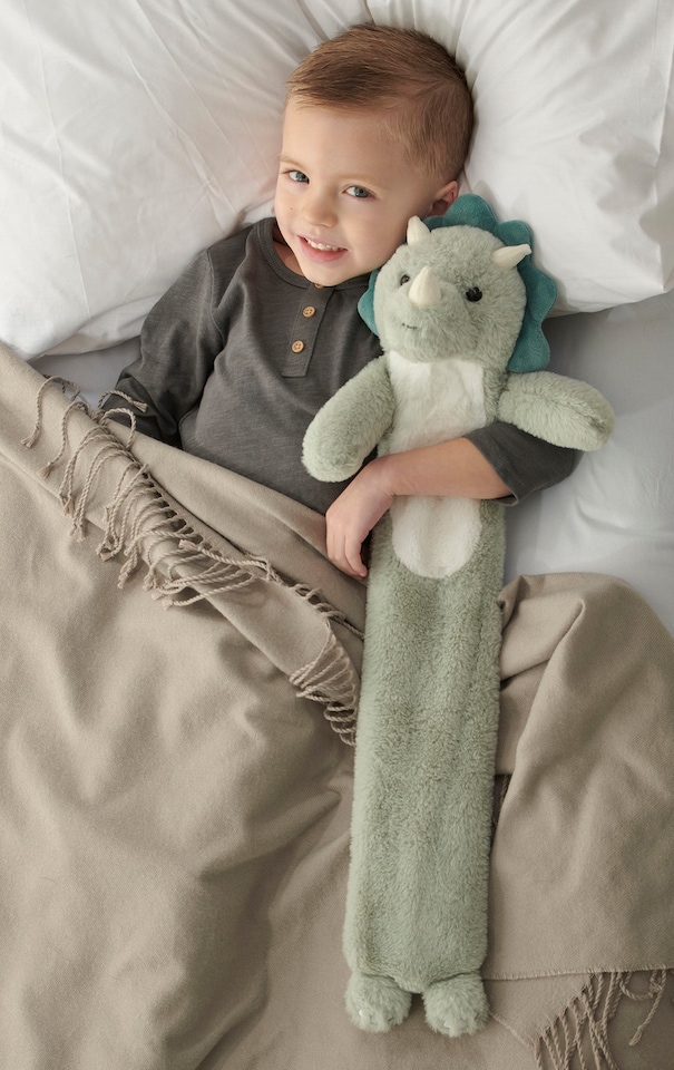image 1 of Green Dinosaur Long Hot Water Bottle 1L | Plush Dinosaur Hot Water Bottle with Soft Faux Fur Cover | Long Heat Therapy Bottle for Bedtime Comfort