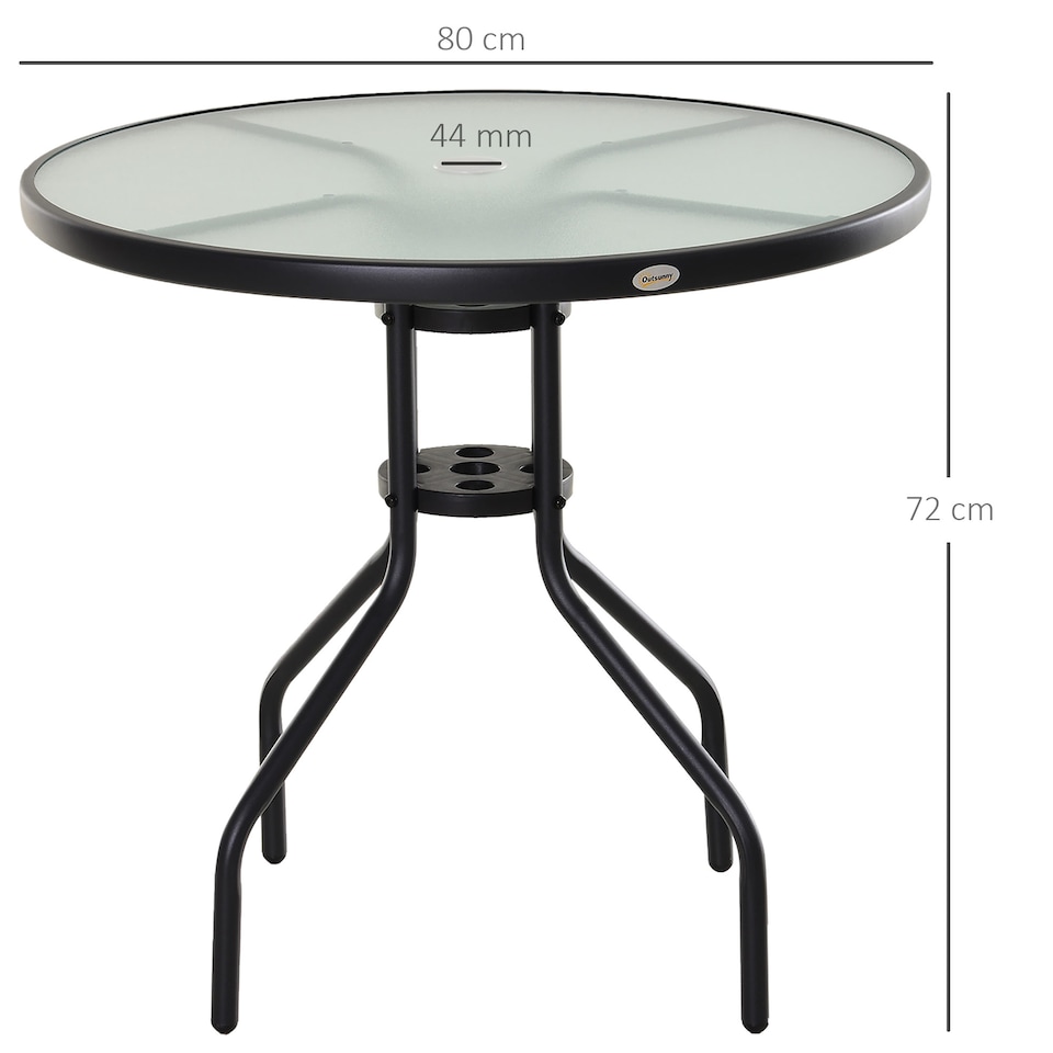 image 1 of Outsunny 80 cm Round Garden Dining Table with Parasol Hole for 4, Outdoor Coffee Bistro End Side Table with Tempered Glass Top and Steel Frame for Patio, Porch, Black