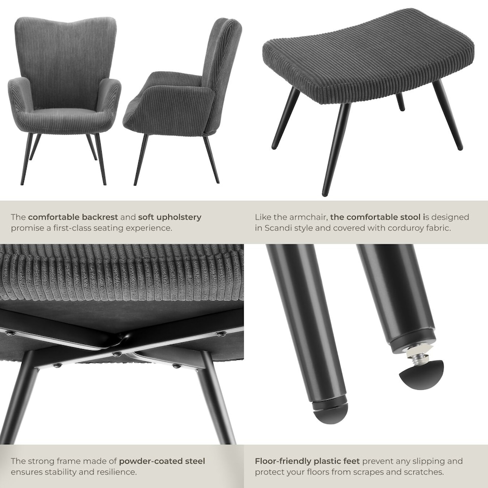 image 1 of Armchair Hygge - padded, armrests and ergonomic backrest, 150 kg load capacity | Grey | Wide cord anthracite/black | One Size | 1