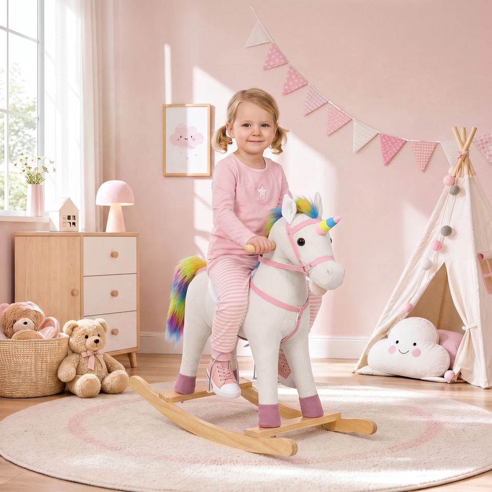 image 1 of AIYAPLAY Unicorn Rocking Horse with Sound for 1-3 Years, Cream White