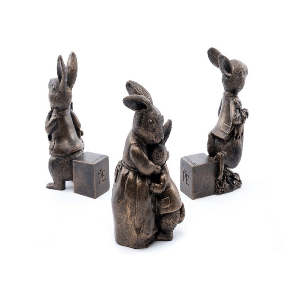image 1 of Beatrix Potter Bronze Peter Rabbit Plant Pot Feet - Set of 3 - Peter Eating Carrots, Running and Hugging - L6.5 x W8 x H11 cm Brown