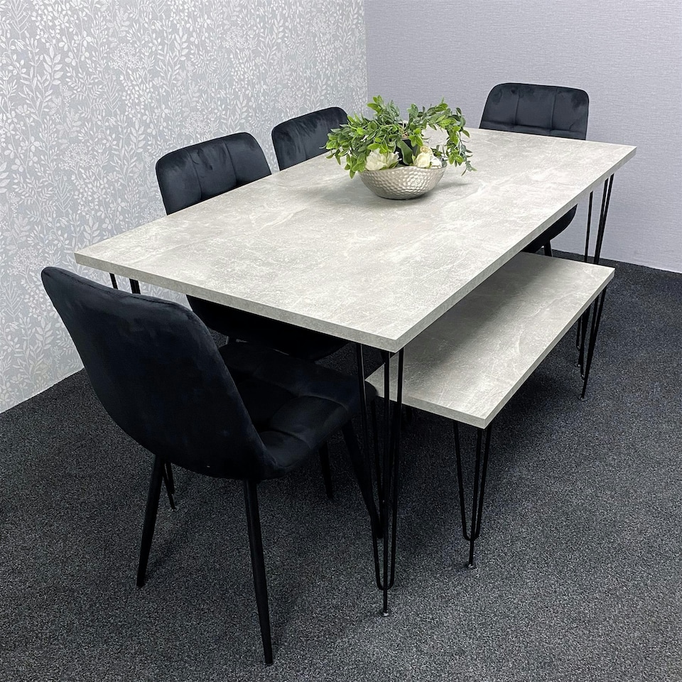 image 1 of Grey Dining Table with Hairpin Legs, Bench & 4 Black Velvet Chairs Set for Kitchen & Dining Room Grey