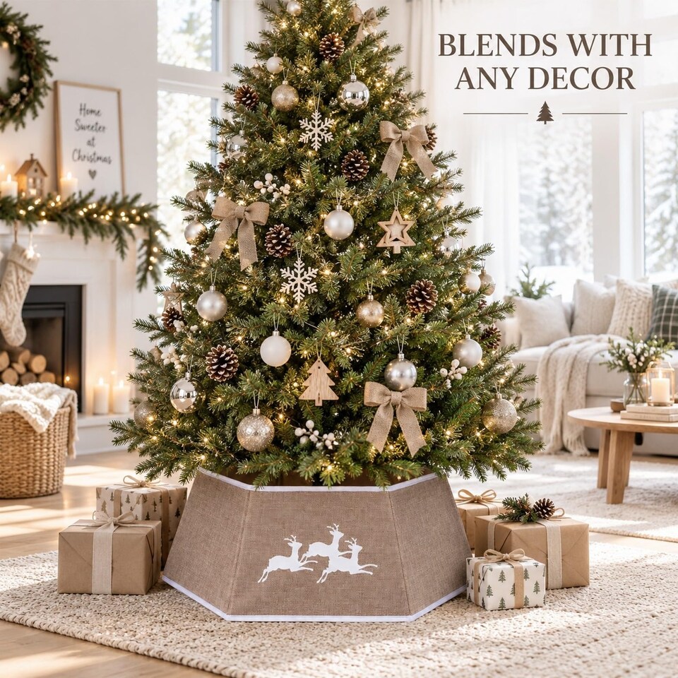 image 1 of 26.8 Inch Hexagonal Fabric Christmas Tree Collar in Beige for a Neat Festive Finish