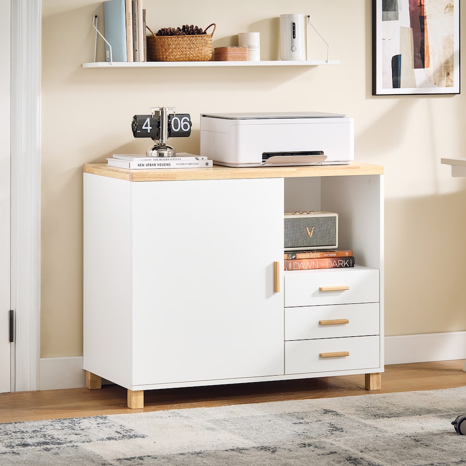 image 1 of SoBuy Printer Stand Under Desk Storage Cabinet with Open Shelf and 3 Drawers, White & Natural Wood, 35.4x17.7x29.5 in, 45.1 kg - ASK07-WN