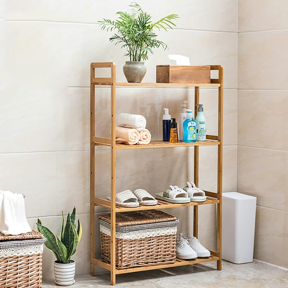 image 1 of Living and Home 4 Tier Bamboo Wood Storage Shelf Rack- 68cm W x 25cm D x 100cm H