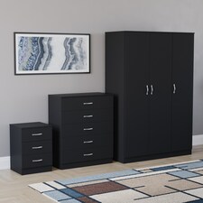 Vida Designs Riano 3 Piece Bedroom Set (3 Drawer Bedside Chest, 5 Drawer Chest, 3 Door Wardrobe), Black (5)