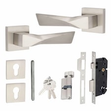 Golden Grace Modern Aura Euro Lock Door Handles in Satin Nickel Finish with 70mm Key and Thumbturn Barrell | Grey | 1 Set