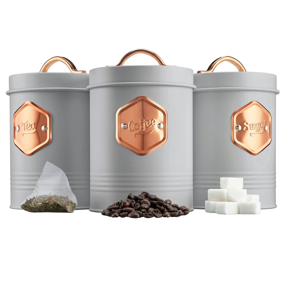 image 1 of Cooks Professional Kitchen Storage Set | 3-Piece | Tea Coffee Sugar | Grey & Copper