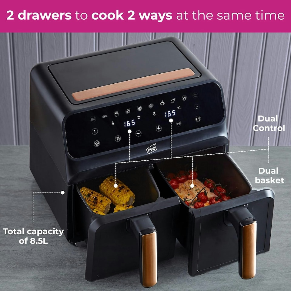 image 1 of Neo Black & Copper Electric 8.5L Digital Air Fryer with Dual Drawer and Glass Viewing Window