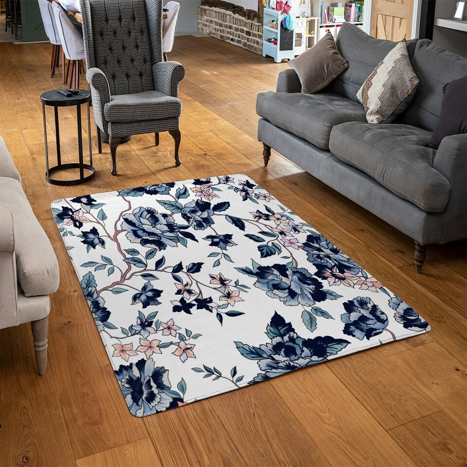 image 1 of Blue Flower Illustrations (Rug) Blue | Large: 140x200cm