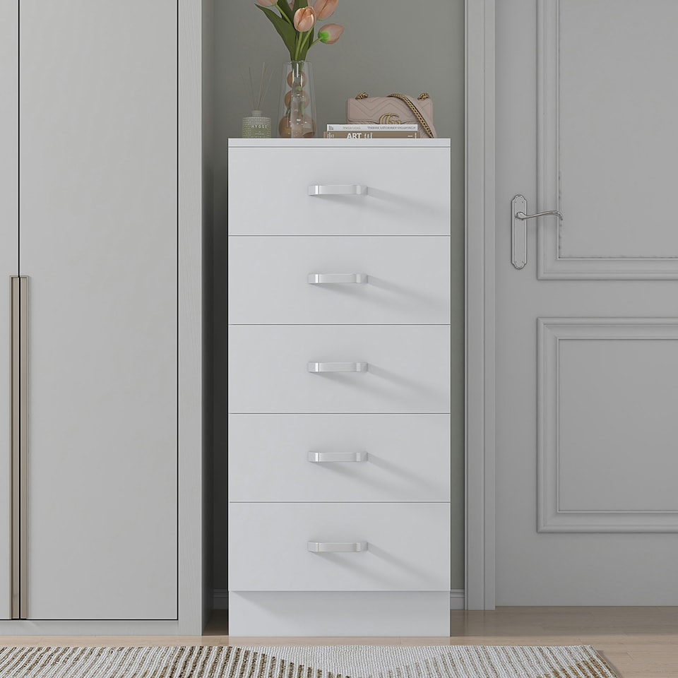 image 1 of FWStyle Tunis 5 Drawer Tallboy Slim Chest Of Drawers - Matt White