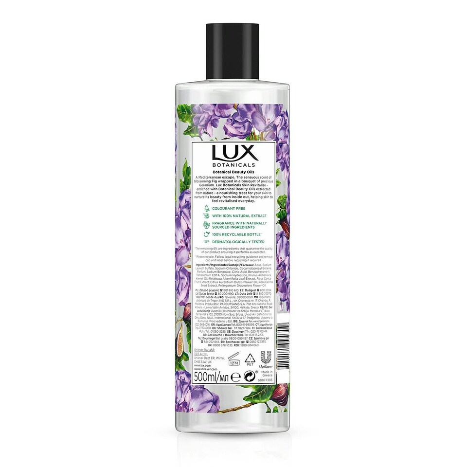 image 1 of Lux Botanicals Daily Shower Gel Fig & Geranium Oil Skin Revitalise 6x500Ml
