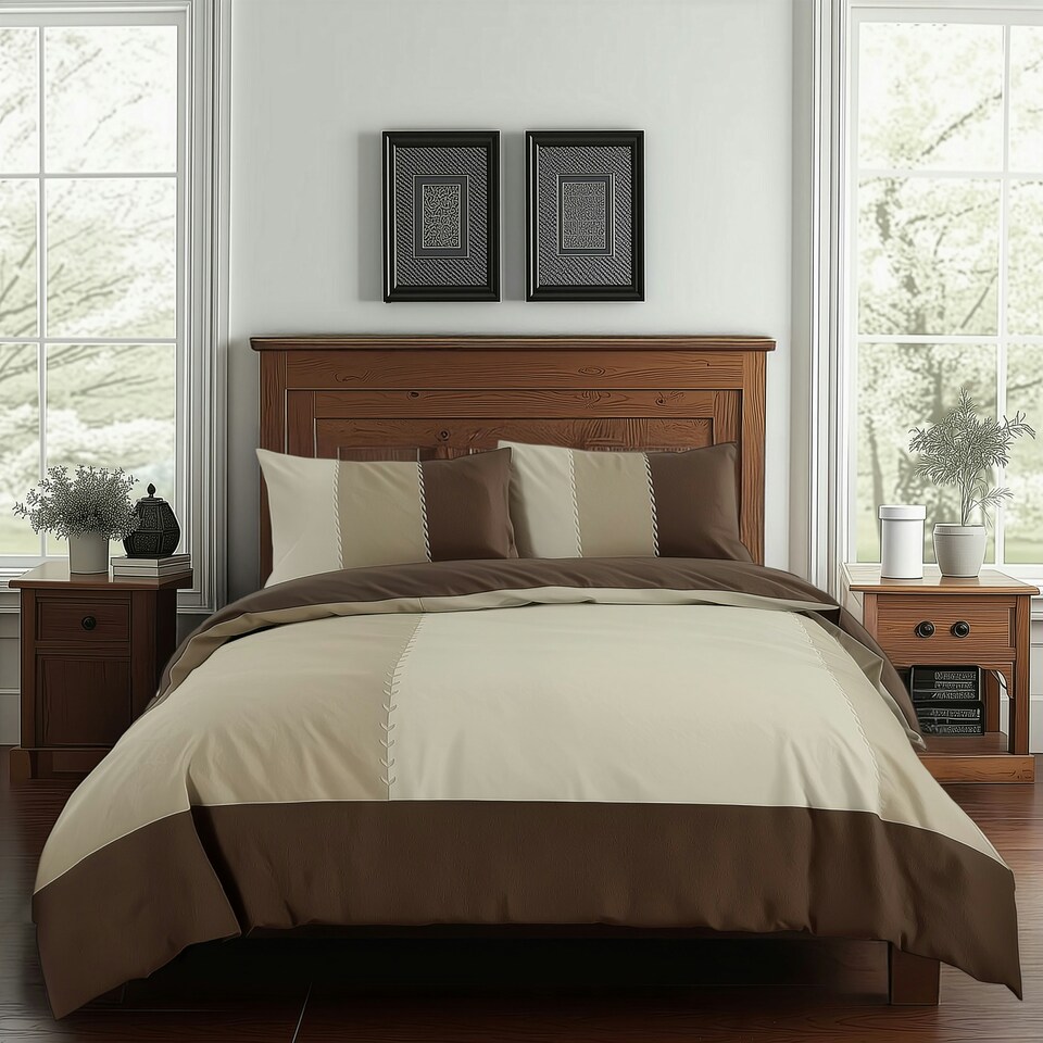 image 1 of Duvet Cover And Pillowcase Set Black Blue Chocolate Patchwork Design Polycotton Bed Linen Brown | Brown | Double