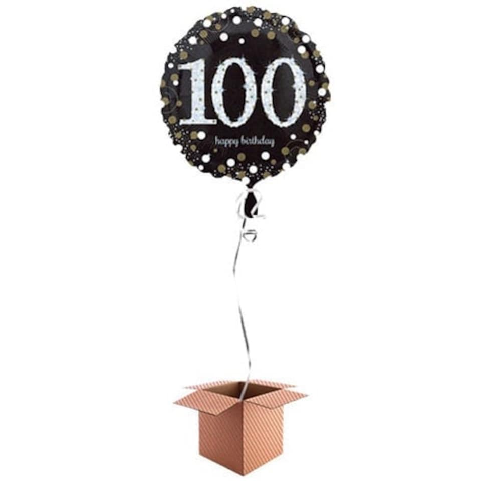 Gold Sparkling 100th Birthday Round Foil Balloon - Inflated Balloon in a Box