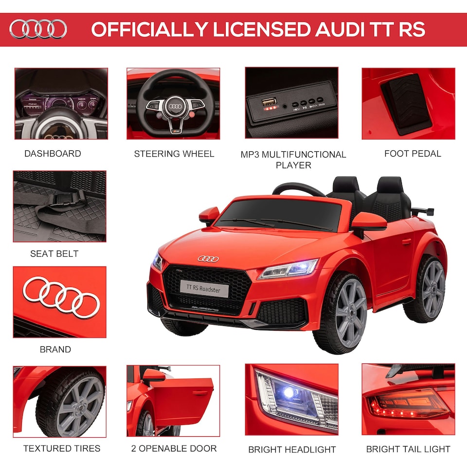 image 1 of HOMCOM 12V Battery Licensed Audi TT RS Ride-On Car w/ Headlight, Red