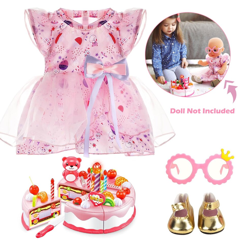 image 1 of Baby Doll Birthday Clothes Set Pretend Play Cake Cutting and Decorating Accessories for 12-16 inch Dolls doll not included