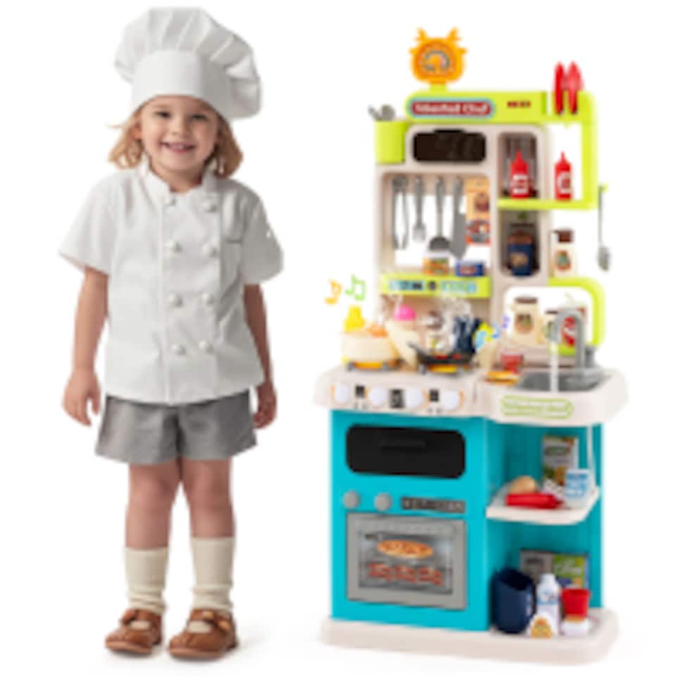 image 1 of COSTWAY Kids Kitchen Playset Pretend Play Kitchen with 95 PCS Accessories-Blue