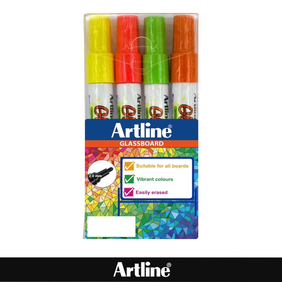 image 1 of Artline Glassboard Markers Assorted colours 4 Pack