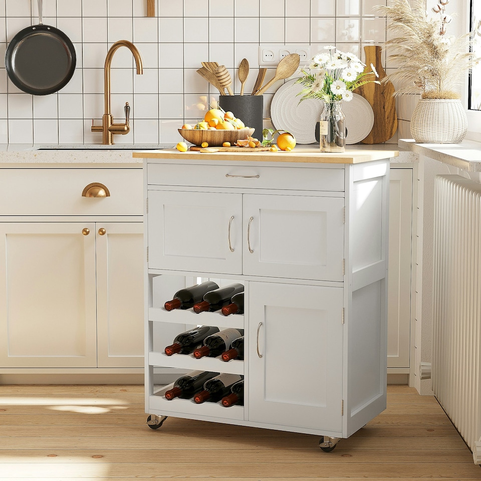 image 1 of HOMCOM Rolling Kitchen Island Trolley Storage Cart w/ Rubberwood Top, White