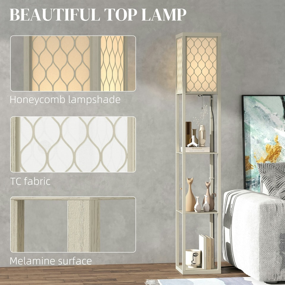 image 1 of HOMCOM Modern Floor Lamp Light with 3 Shelves Fabric Lampshade Oak Yellow