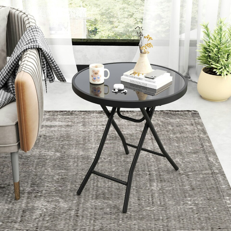 image 1 of COSTWAY Folding Glass Table Portable Patio Coffee Table Black