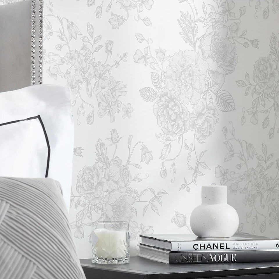 image 1 of Romantic Roses Wallpaper in Grey on White Multi