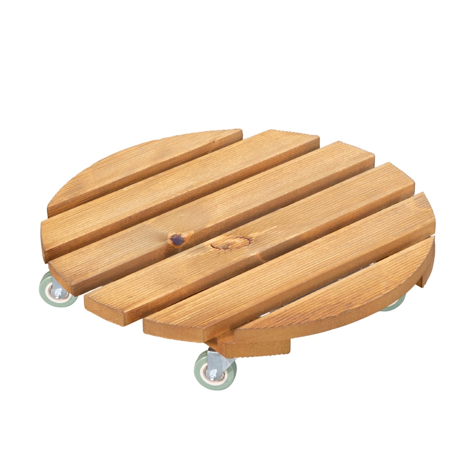 image 1 of Tom Chambers Handcrafted Heavy Duty Round Traditional Wood Garden Patio Plant Flower Pot Stand Caddy Trolley Dolly on Strong Metal Castor Wheels 30cm | Brown | Brown