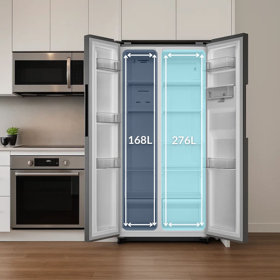 image 1 of HYE 444 Litre Frost Free American Fridge Freezer with Non-Plumbed Water Dispenser, 83cm, Silver - RF01AMWD460S03