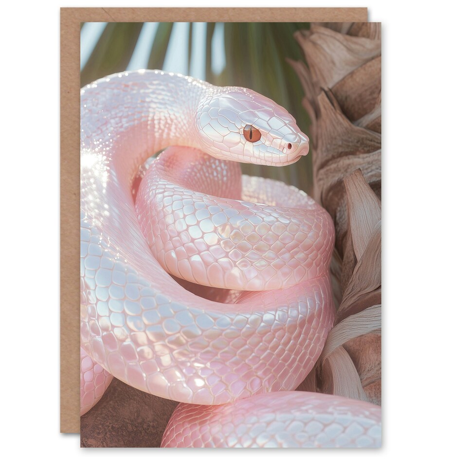 image 1 of Bright Shiny Pink Snake Coiled Under Palm Tree Birthday Greeting Card