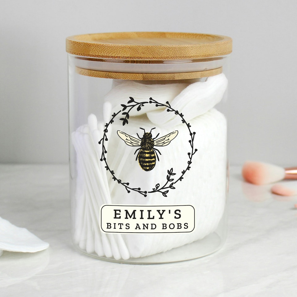 image 1 of Personalised Bee Glass Jar with Bamboo Lid