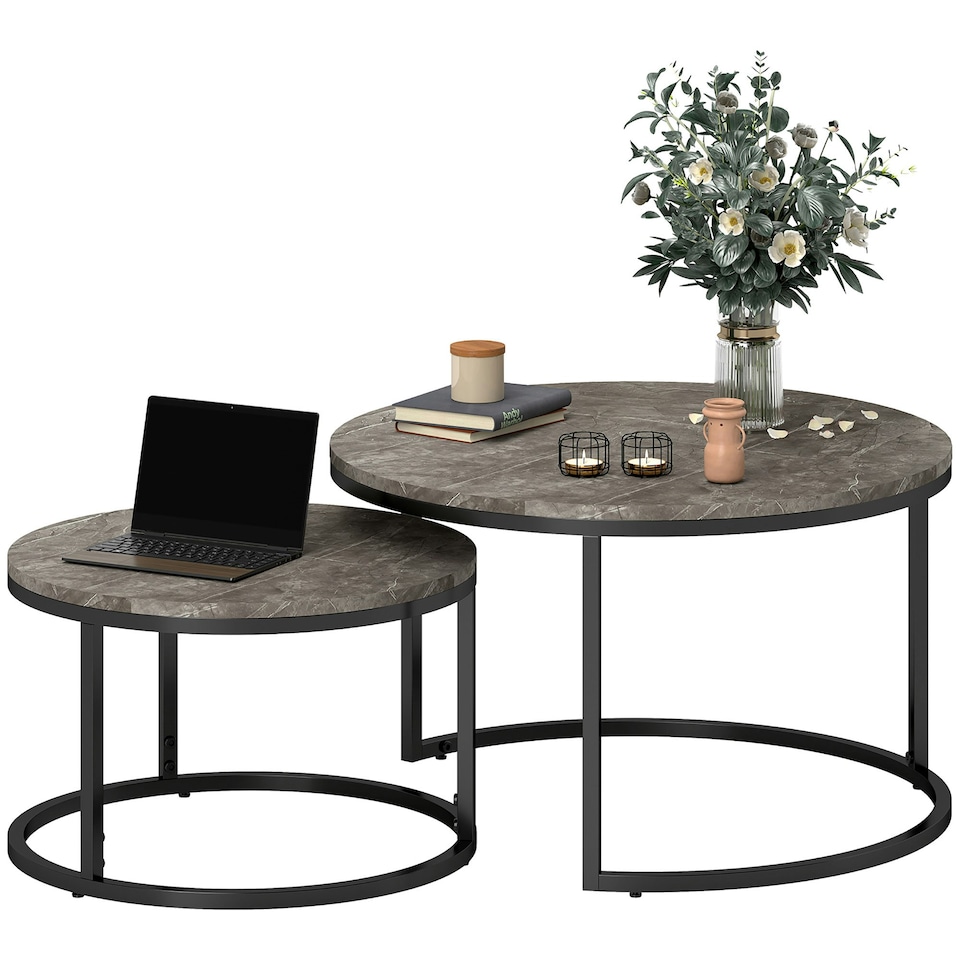 image 1 of HOMCOM 2 Pcs Stacking Coffee Table Set Steel Frame Marble-Effect Top Foot Pads 