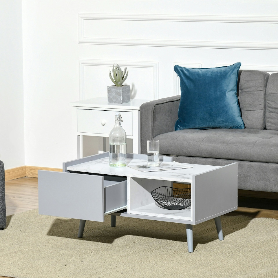 image 1 of HOMCOM Two-Tone Coffee Table Marble Effect w/ Storage Wood Legs Grey