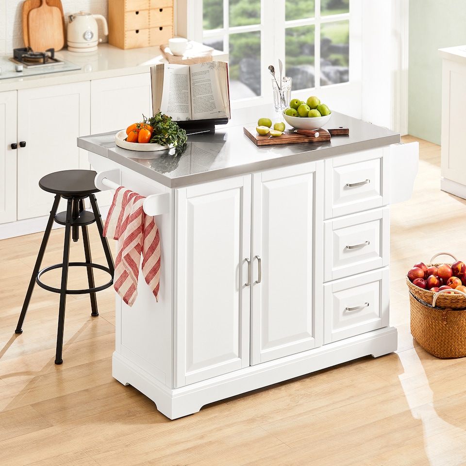 image 1 of SoBuy Extendable Kitchen Island on Wheels with Stainless Steel Worktop, White, 51.2x18.1/28.0x35.8 inches, 27.3 kg - FKW41-ST