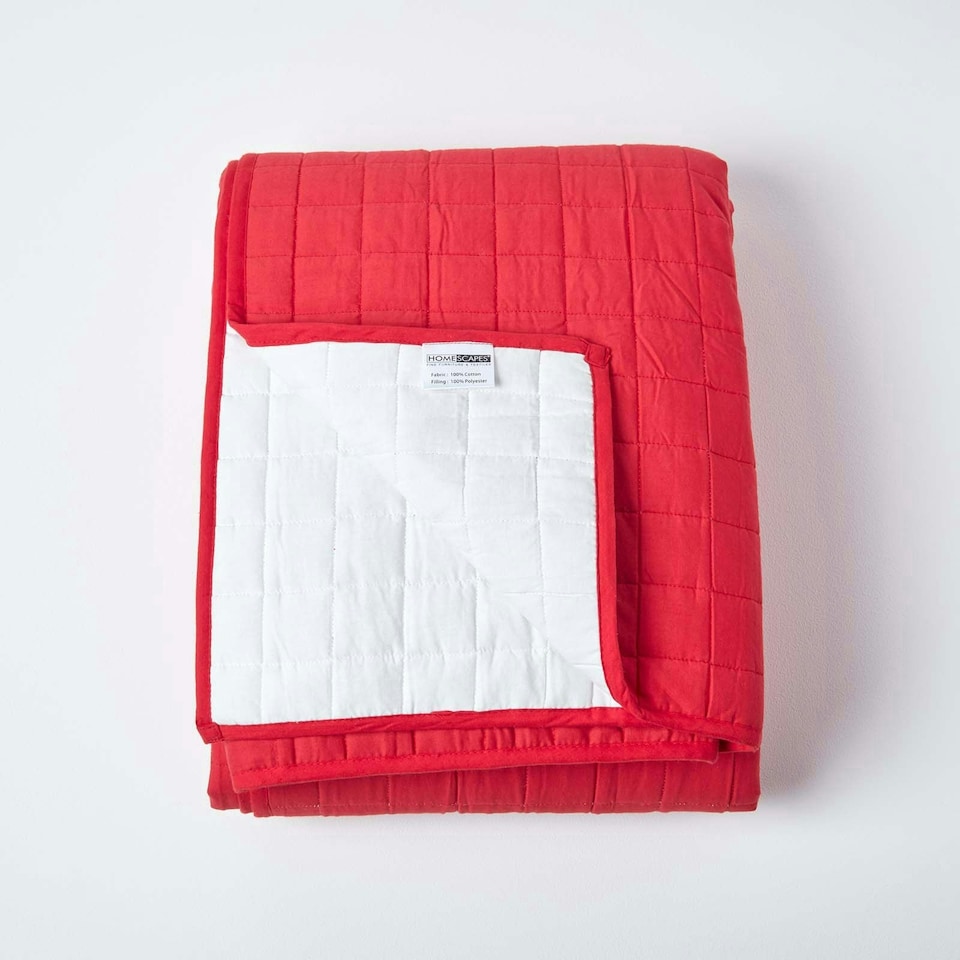 image 1 of Homescapes Cotton Quilted Reversible Bedspread Red and White - 200 x 200 cm | Red